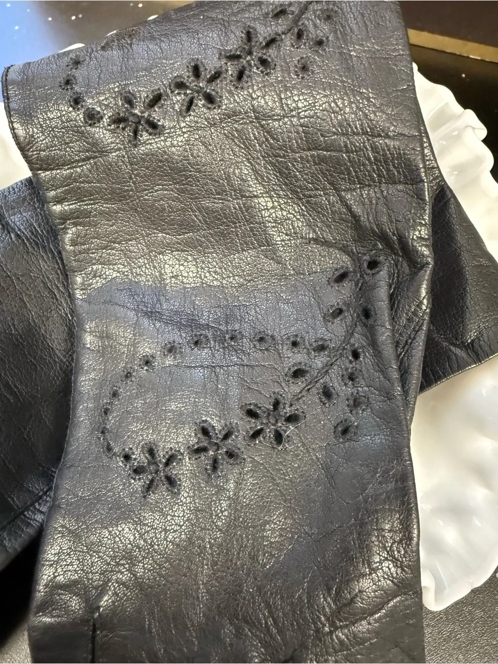 Vintage Black Leather Evening Women's Gloves w/ intricate floral cut-out design